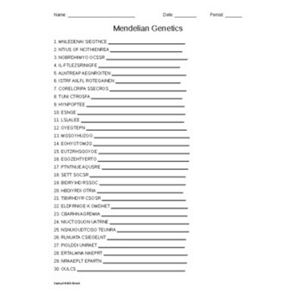 Mendelian Genetics Word Scramble for Genetics