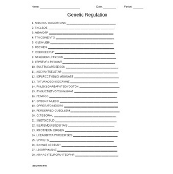 Genetic Regulation Word Scramble for Genetics