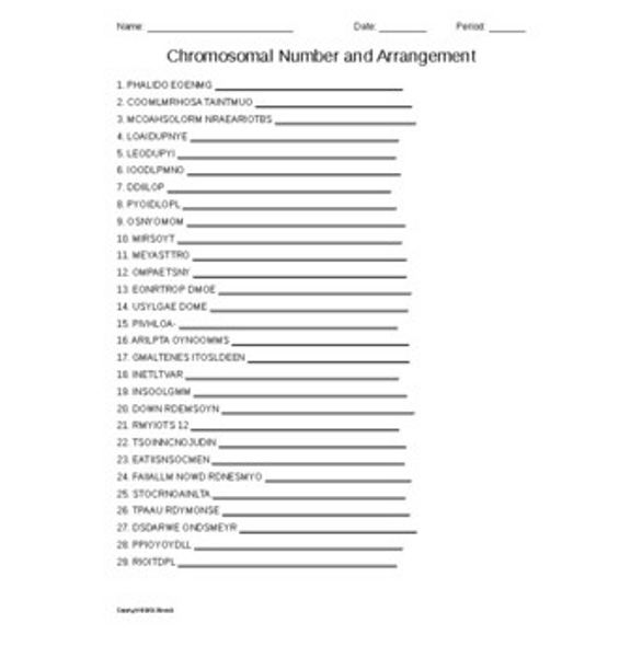 Chromosomal Number and Arrangement Word Scramble for Genetics