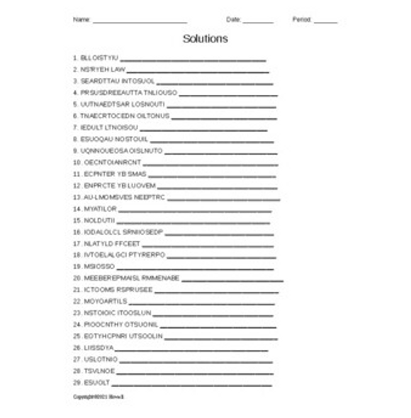 Solutions Word Scramble for General Chemistry