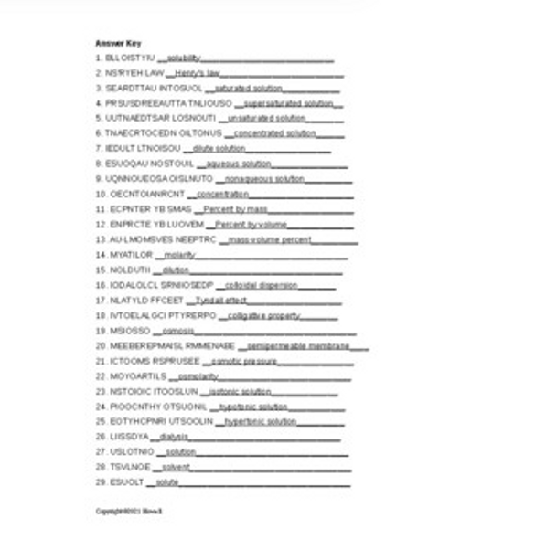 Solutions Word Scramble for General Chemistry