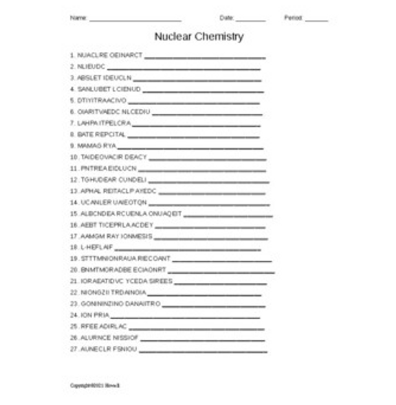 Nuclear Chemistry Word Scramble for General Chemistry