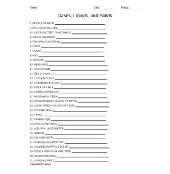 Gases, Liquids, and Solids Word Scramble for General Chemistry