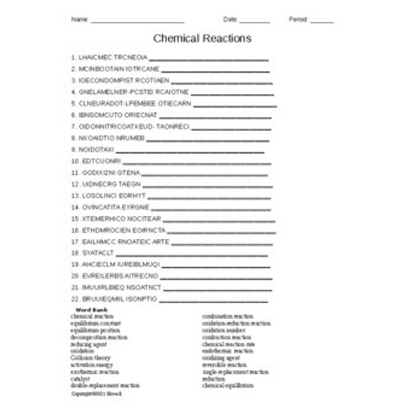Chemical Reactions Word Scramble for General Chemistry
