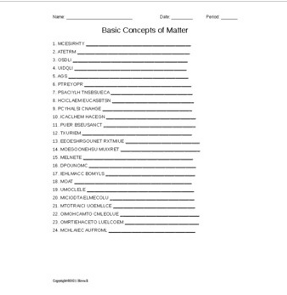 Basic Concepts of Matter Word Scramble for General Chemistry