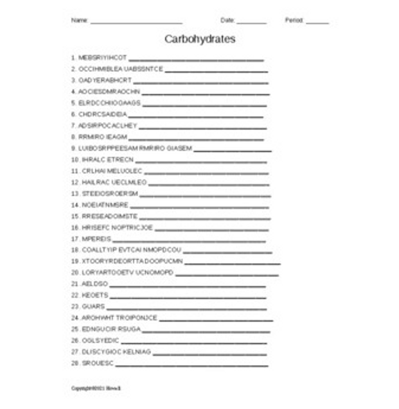 Carbohydrates Word Scramble for Biological Chemistry