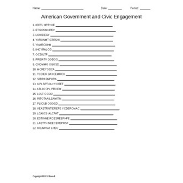 American Government and Civic Engagement Word Scramble for American Government