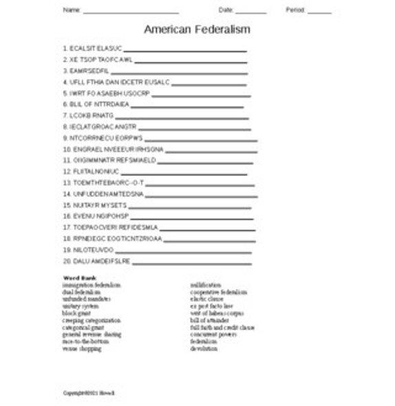 American Federalism Word Scramble for American Government