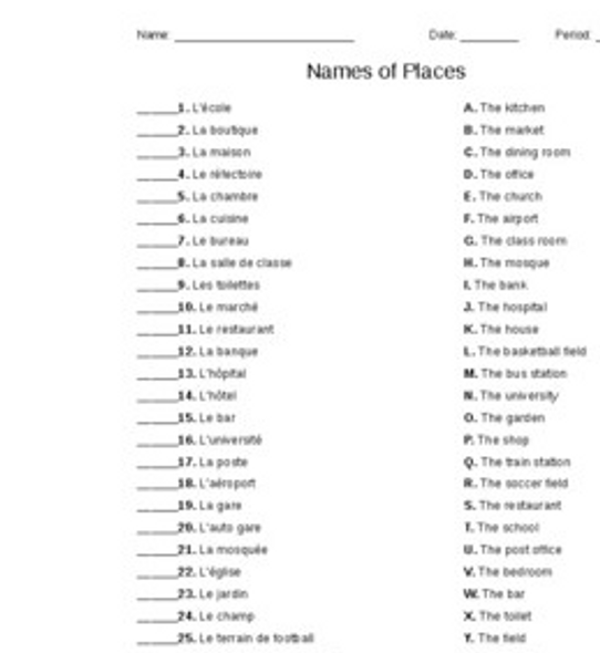 Names of Places in French Matching Quiz or Worksheet
