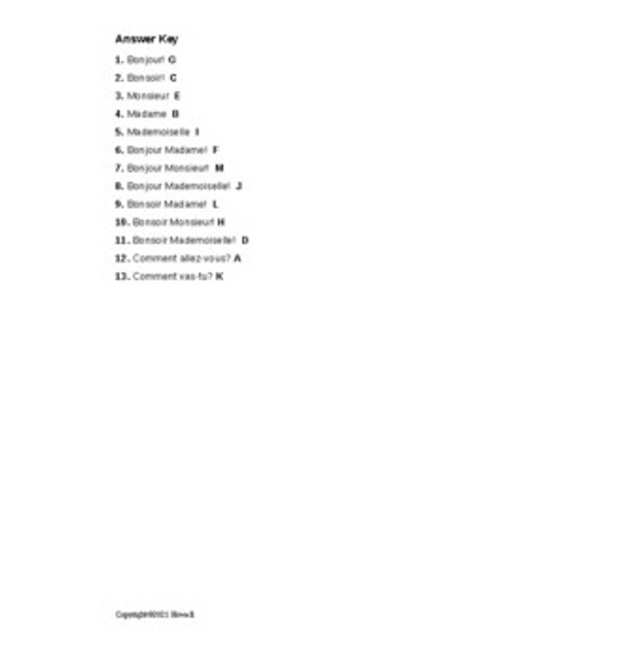 Greetings in French Matching Quiz or Worksheet