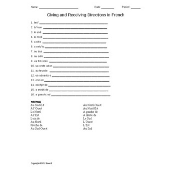 Giving and Receiving Directions in French Word Scramble