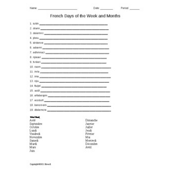 Days of the Week and Names of the Months French Word Scramble