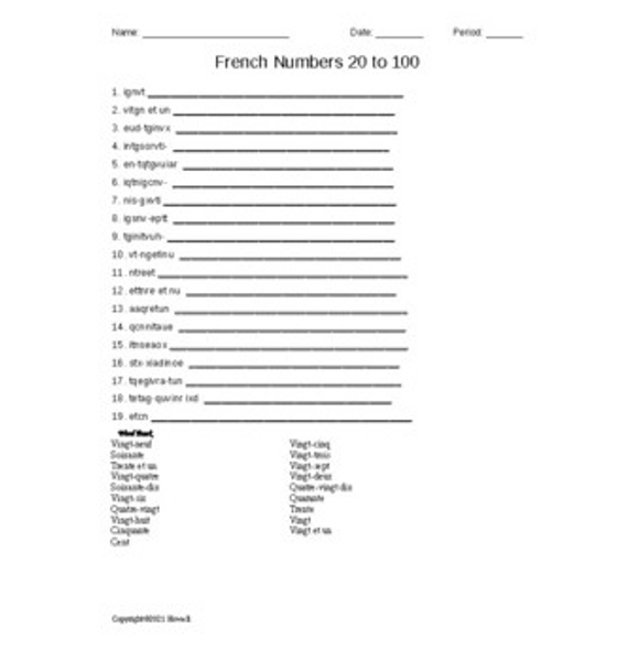 French Numbers from 20 to 100 Word Scramble