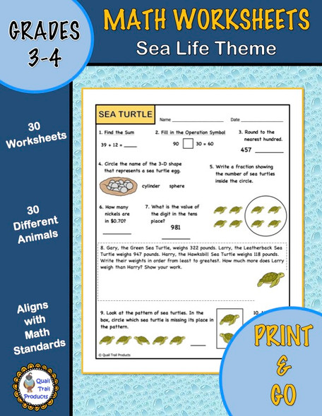 Grade 3 and Grade 4 Sea Life MATH Worksheets