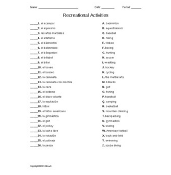 Recreational Activities Spanish Matching Quiz or Worksheet