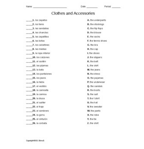 Clothes and Accessories Spanish Matching Quiz or Worksheet