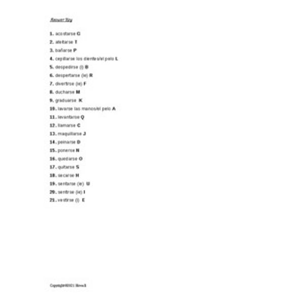 Common Pronominal Verbs Spanish Matching Quiz or Worksheet