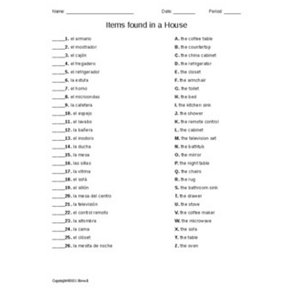 Household Items Spanish Matching Quiz or Worksheet