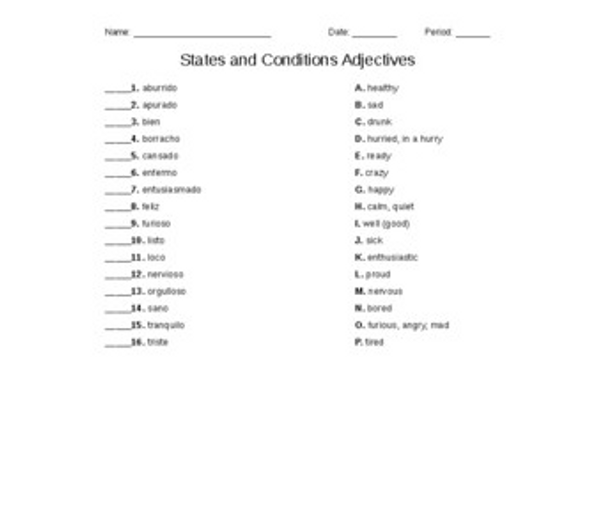States and Conditions Adjectives Spanish Matching Quiz or Worksheet
