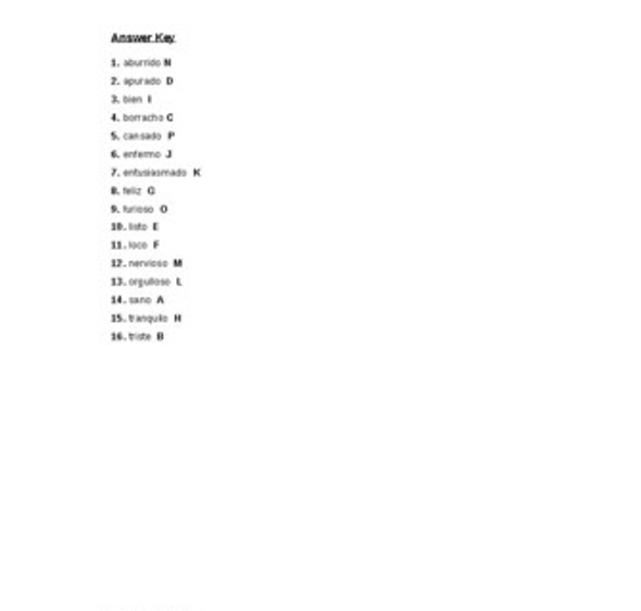 States and Conditions Adjectives Spanish Matching Quiz or Worksheet