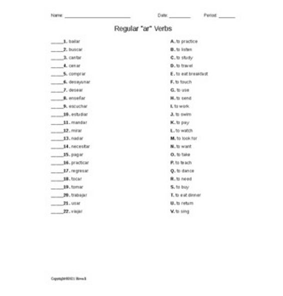 Regular "ar" Verbs Spanish Matching Quiz or Worksheet