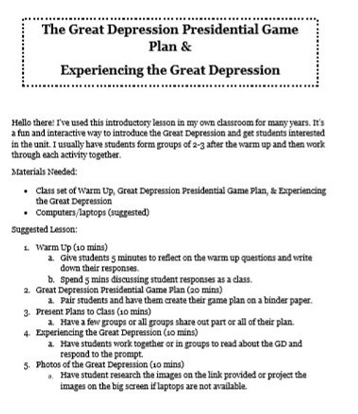The Great Depression: Introductory Lesson! - FREE