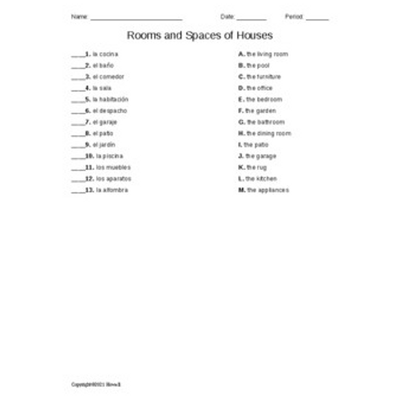 Rooms and Spaces of a House Spanish Matching Quiz or Worksheet