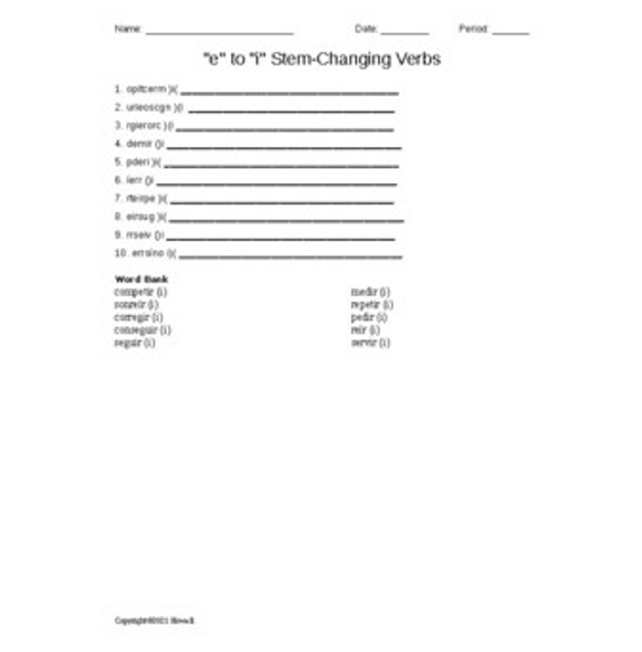 Spanish "e" to "i" Stem Changing Verbs Word Scramble