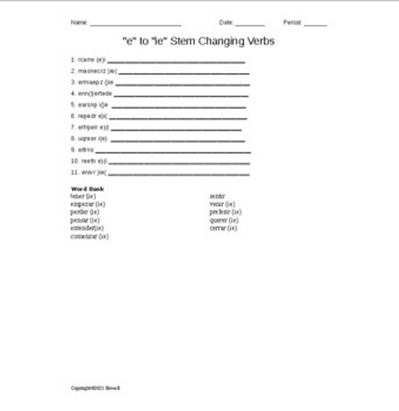 Spanish "e" to "ie" Stem Changing Verbs Word Scramble