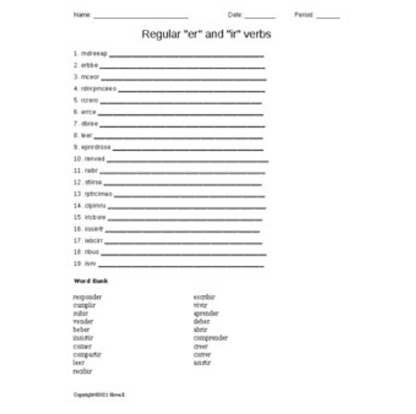 Spanish Regular "er" and "ir" Verbs Word Scramble