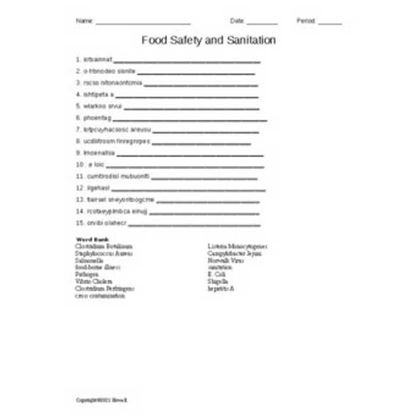 Food Safety and Sanitation in Food Science Word Scramble
