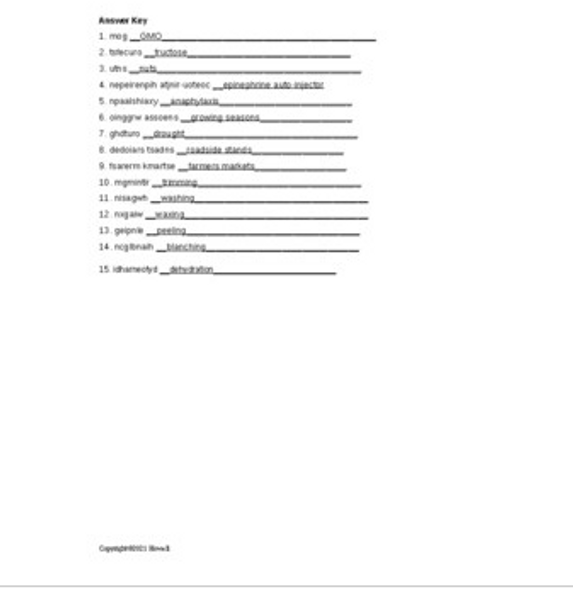 Fruit and Nut Production in Food Science Word Scramble