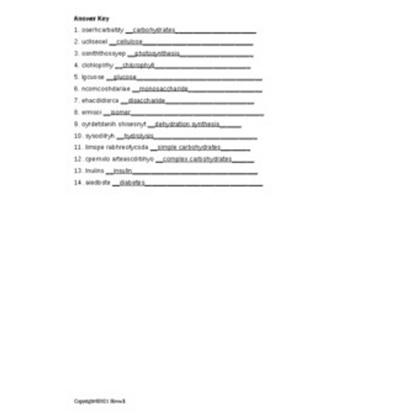 Carbohydrates in Food Science Word Scramble