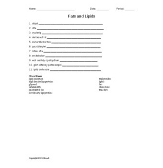 Fats and Lipids in Food Science Word Scramble