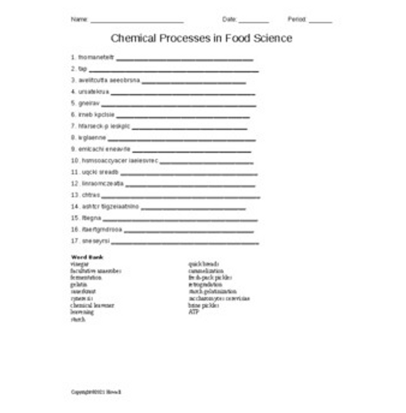 Chemical Processes in Food Science Word Scramble