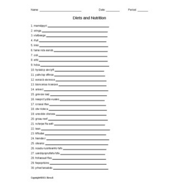 Diets and Nutrition in Food Science Word Scramble