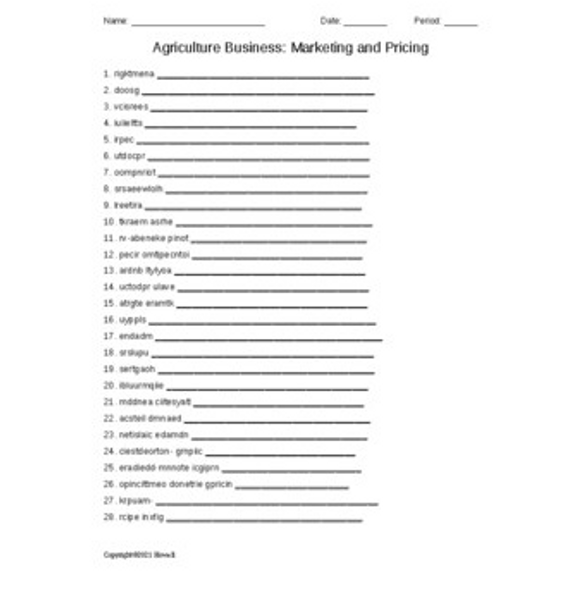 Business Marketing and Pricing in Agriculture Word Scramble