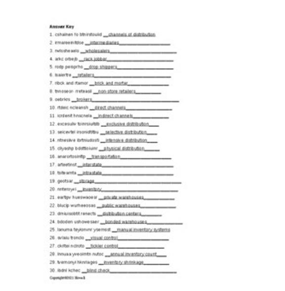 Distributive Channels in Agriculture Word Scramble