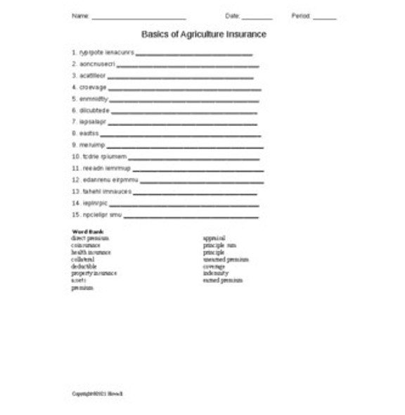 Insurance in Agriculture Word Scramble