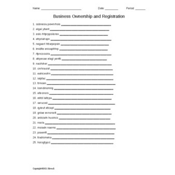 Business Ownership and Registration in Agriculture Word Scramble