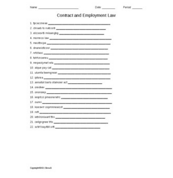 Contract and Employment Law in Agriculture Word Scramble