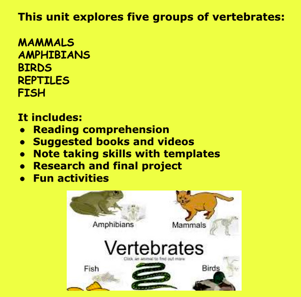 VERTEBRATES: ANIMAL UNIT STUDY: READING/WRITING/RESEARCH: 3RD/4TH GRADE