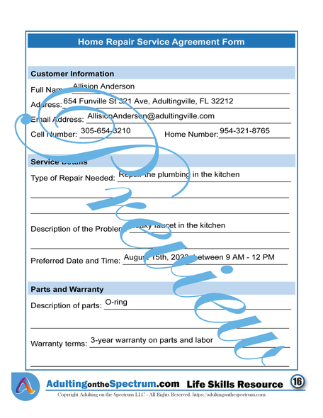 Essential Life Skills SPED Activity - A Home Repair Service Agreement