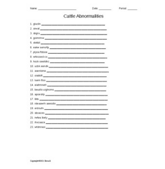 Cattle Abnormalities Word Scramble