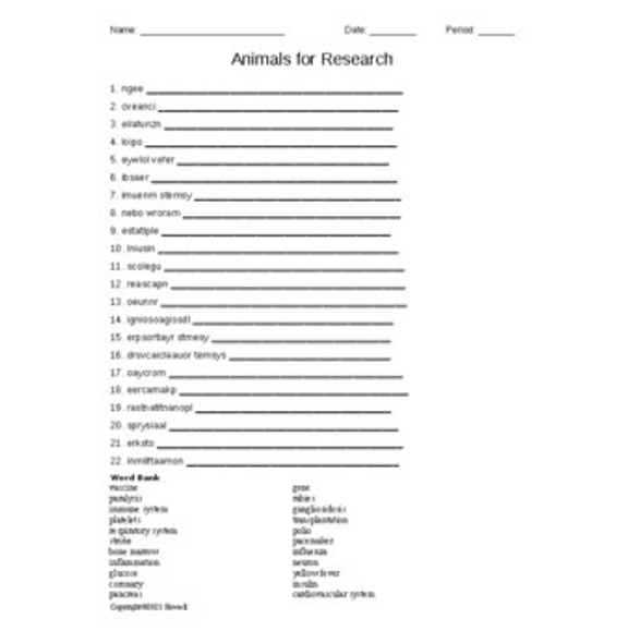 Animals for Research Word Scramble