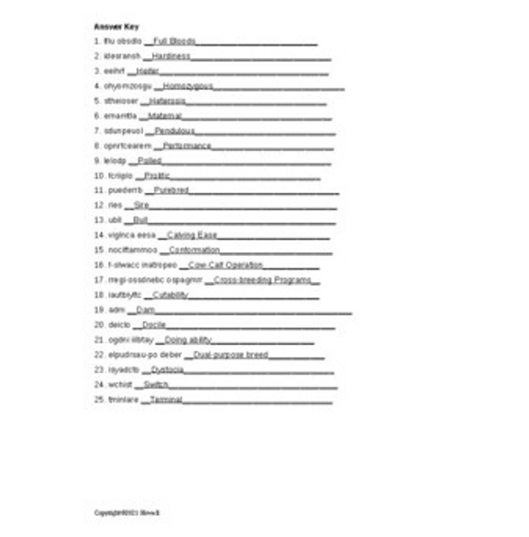 Cattle Breed Identification Word Scramble