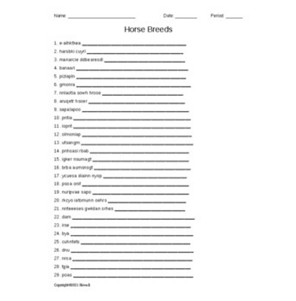 Horse Breeds Word Scramble