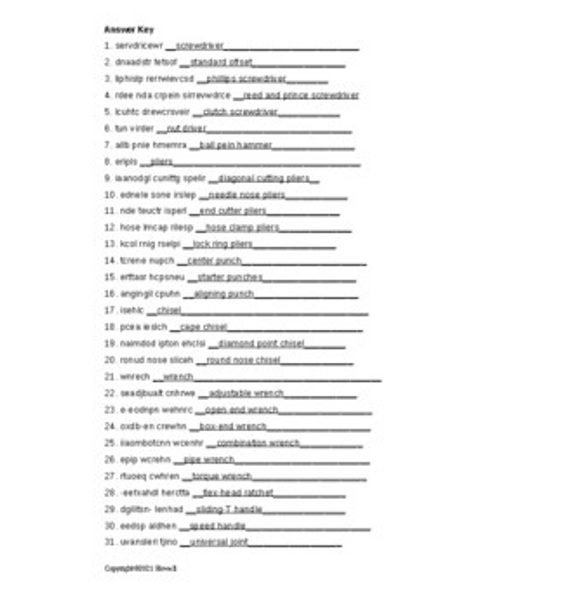 Hand Tool ID and Terminology Word Scramble