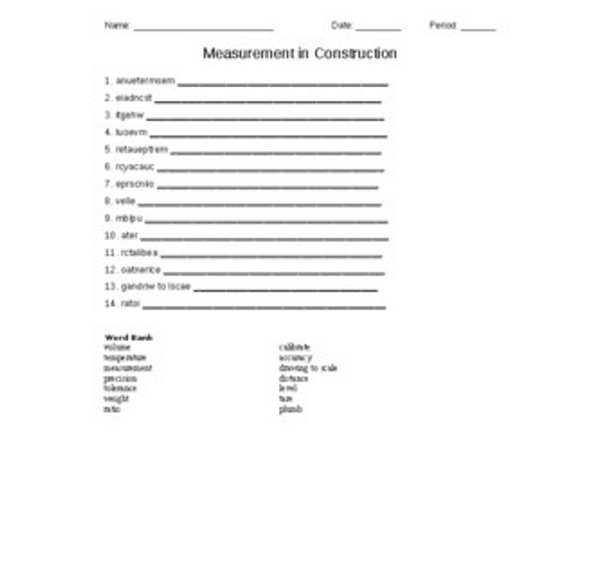 Measurement in Construction Word Scramble