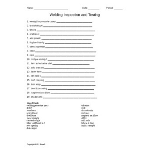 Welding Inspection and Testing Word Scramble